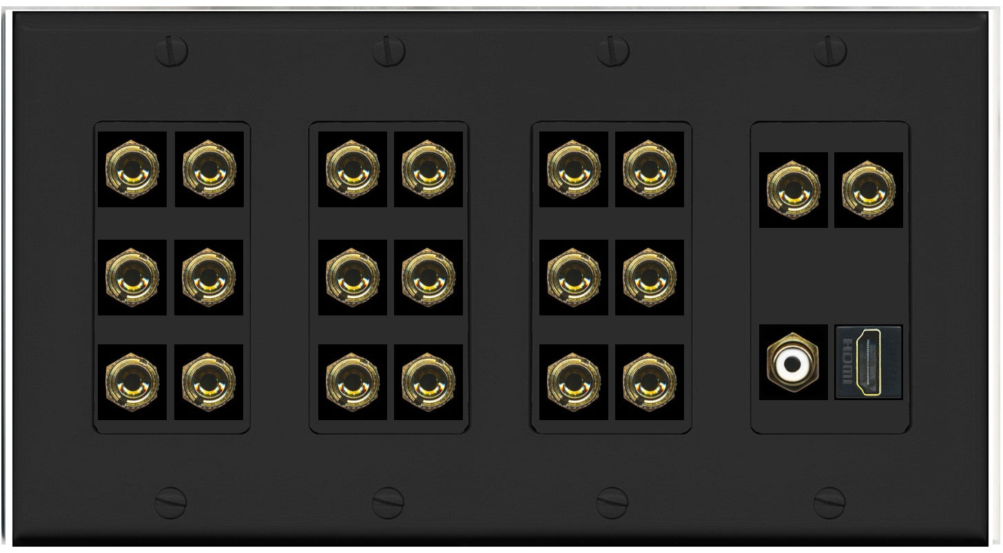 RiteAV 10.1 Surround Sound 10 Speaker 20 Banana Plug Jack Wall Plate w/RCA Subwoofer + HDMI Female Connectors - 4 Gang