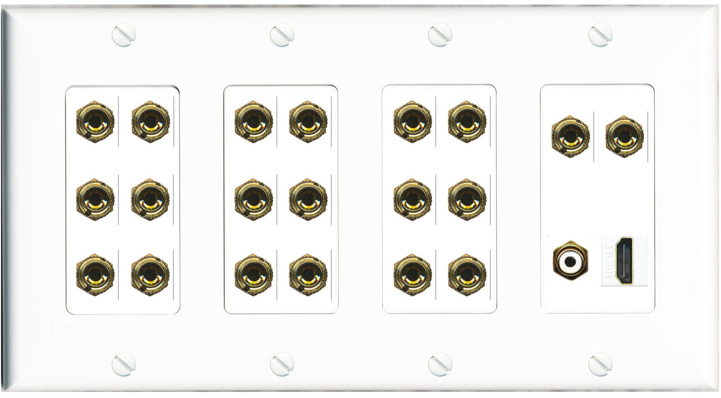 RiteAV 10.1 Surround Sound 20 Banana Plug Jack Wall Plate w/RCA Subwoofer Connector - 4 Gang - Thumbnail 2