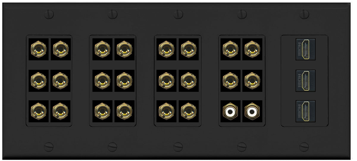 RiteAV 11.2 Surround Sound 11 Speaker 22 Banana Plug Jack Wall Plate w/ 2 RCA Subwoofer + 3 HDMI Female Connectors - 5 Gang [Black]