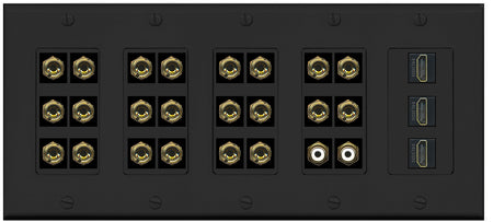 RiteAV 11.2 Surround Sound 11 Speaker 22 Banana Plug Jack Wall Plate w/ 2 RCA Subwoofer + 3 HDMI Female Connectors - 5 Gang [Black]