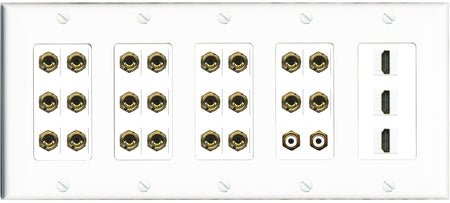 RiteAV 11.2 Surround Sound 11 Speaker 22 Banana Plug Jack Wall Plate w/ 2 RCA Subwoofer + 3 HDMI Female Connectors - 5 Gang [White]