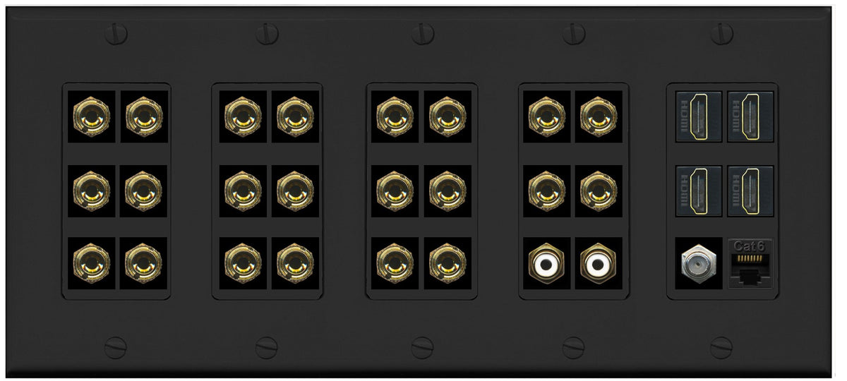 RiteAV 11.2 Surround Sound 11 Speaker 22 Banana Plug Jack Wall Plate w/ 2 RCA Subwoofer + 4 HDMI + 1 x Coax Cat6 Jacks - 5 Gang [Black]