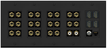 RiteAV 11.2 Surround Sound 11 Speaker 22 Banana Plug Jack Wall Plate w/ 2 RCA Subwoofer + 4 HDMI + 1 x Coax Cat6 Jacks - 5 Gang [Black]