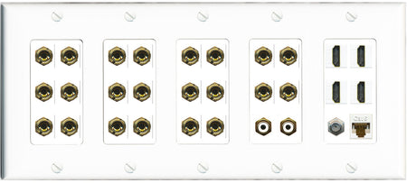 RiteAV 11.2 Surround Sound 11 Speaker 22 Banana Plug Jack Wall Plate w/ 2 RCA Subwoofer + 4 HDMI + 1 x Coax Cat6 Jacks - 5 Gang [White]
