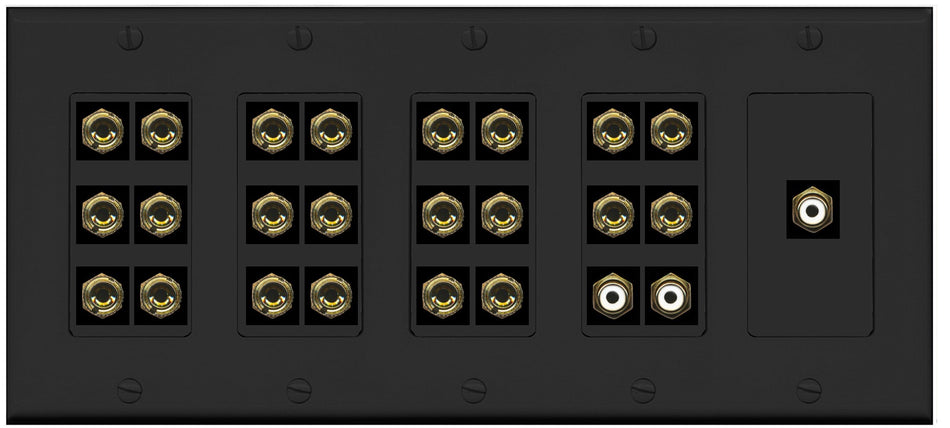RiteAV 11.3 Surround Sound Speaker 22 Banana Port Wall Plate w/3 x RCA Subwoofer Female Connector - 5 Gang [Black]