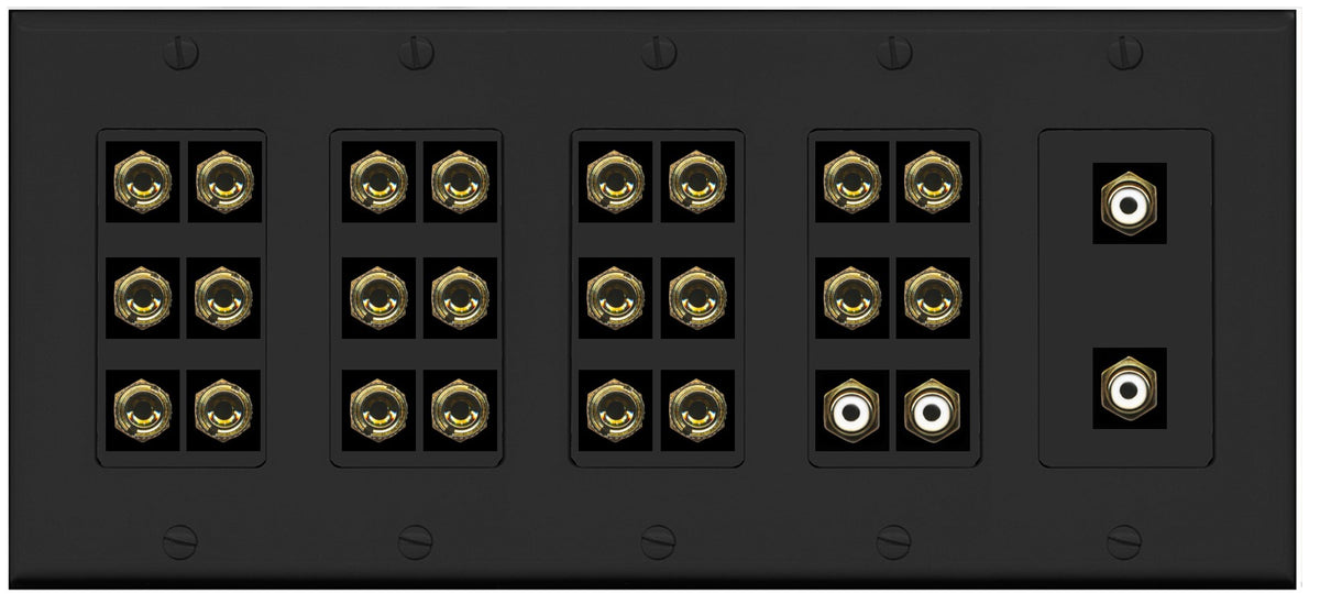 RiteAV 11.4 Surround Sound Speaker 22 Banana Port Wall Plate w/4 x RCA Subwoofer Female Connector - 5 Gang [Black]