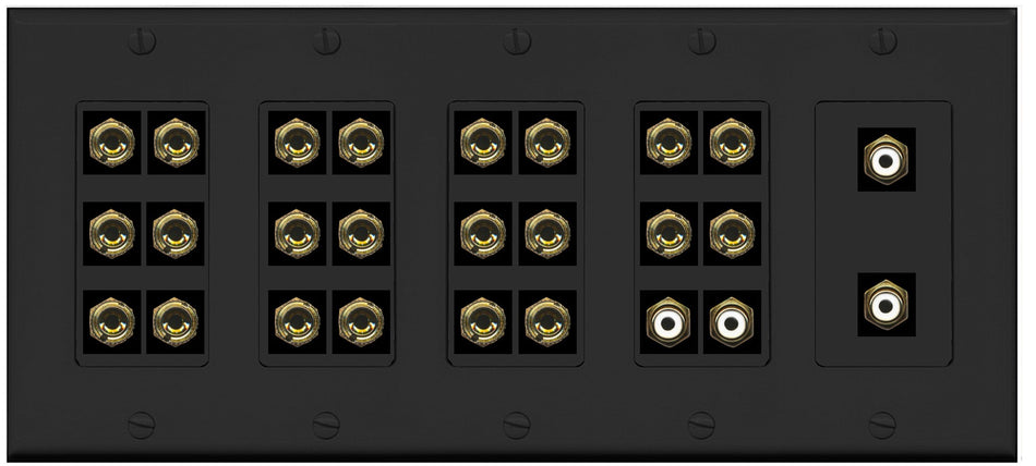 RiteAV 11.4 Surround Sound Speaker 22 Banana Port Wall Plate w/4 x RCA Subwoofer Female Connector - 5 Gang [Black]