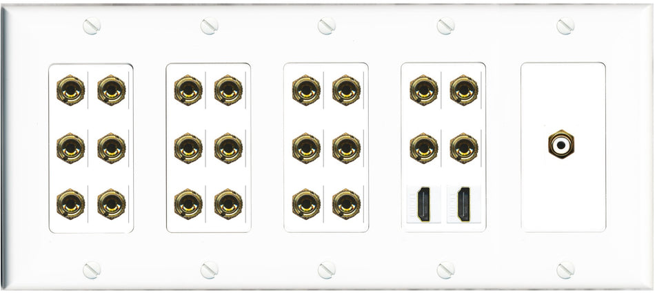 RiteAV 11.1 Surround Sound 11 Speaker 22 Banana Plug Jack Wall Plate w/RCA Subwoofer + 2 HDMI Female Connectors - 5 Gang [White]