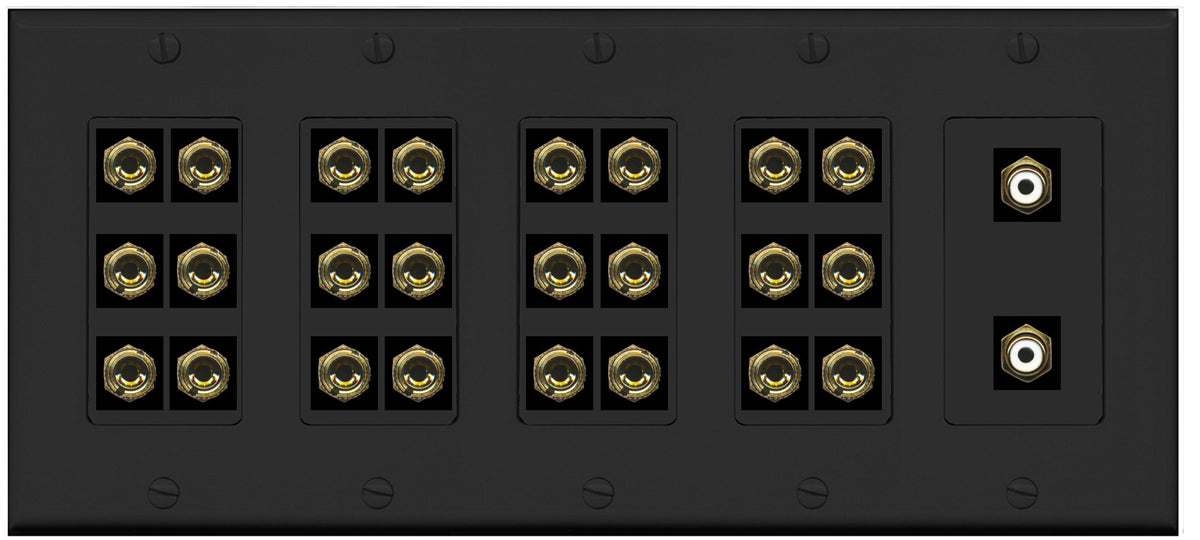 RiteAV 12.2 Surround Sound 12 Speaker 24 Banana Port Wall Plate w/2 x RCA Subwoofer Female Connectors - 5 Gang [Black]