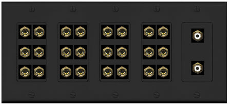 RiteAV 12.2 Surround Sound 12 Speaker 24 Banana Port Wall Plate w/2 x RCA Subwoofer Female Connectors - 5 Gang [Black]