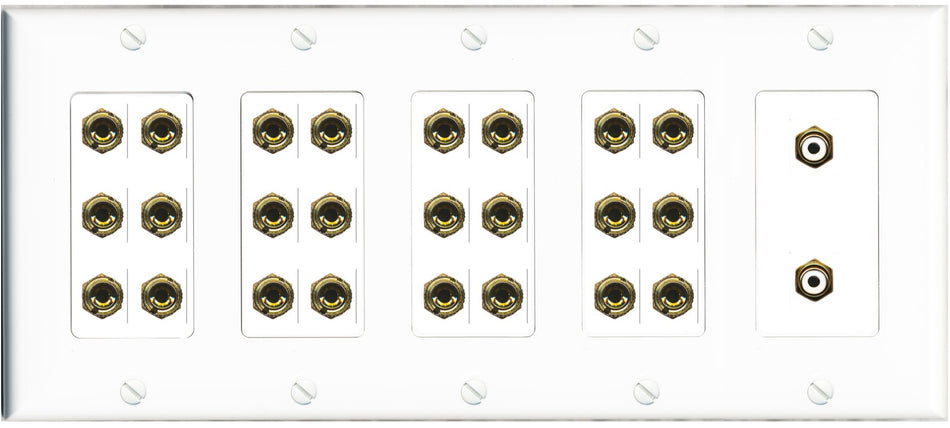 RiteAV 12.2 Surround Sound 12 Speaker 24 Banana Port Wall Plate w/2 x RCA Subwoofer Female Connectors - 5 Gang [White]