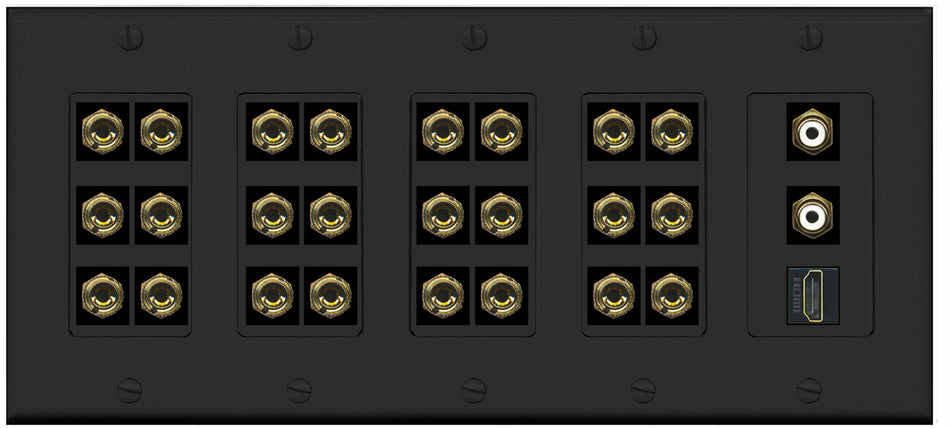 RiteAV 12.2 Surround Sound 12 Speaker 24 Banana Plug Jack Wall Plate w/ 2 RCA Subwoofer + 1 HDMI Female Connectors - 5 Gang [Black]