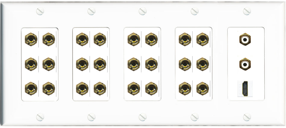 RiteAV 12.2 Surround Sound 12 Speaker 24 Banana Plug Jack Wall Plate w/ 2 RCA Subwoofer + 1 HDMI Female Connectors - 5 Gang [White]