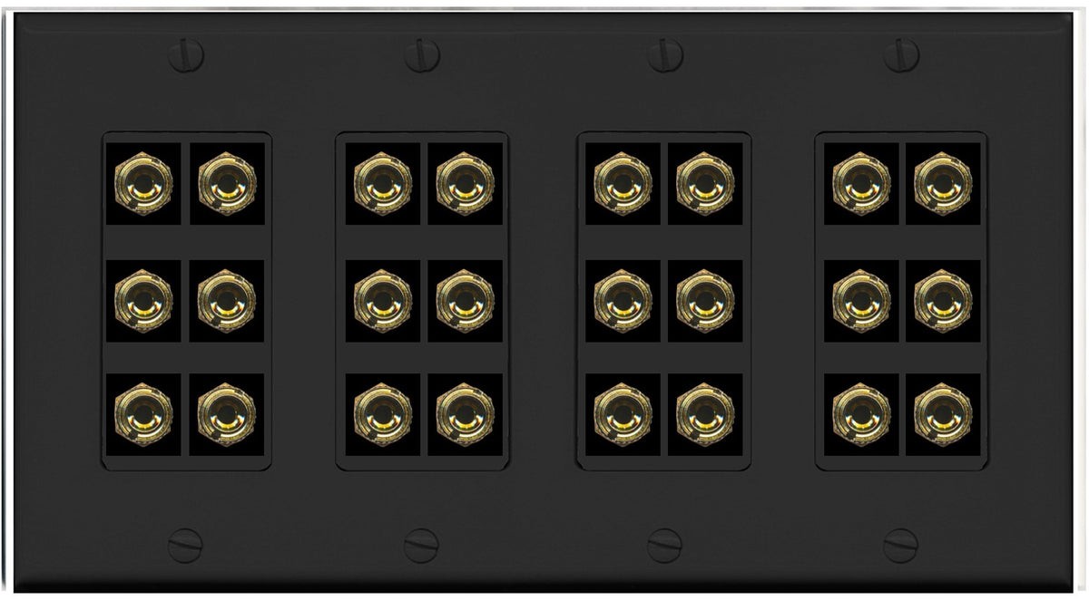 RiteAV 12.0 Surround Sound Speaker 24 Banana Wall Plate Female Connectors - 4 Gang [Black]