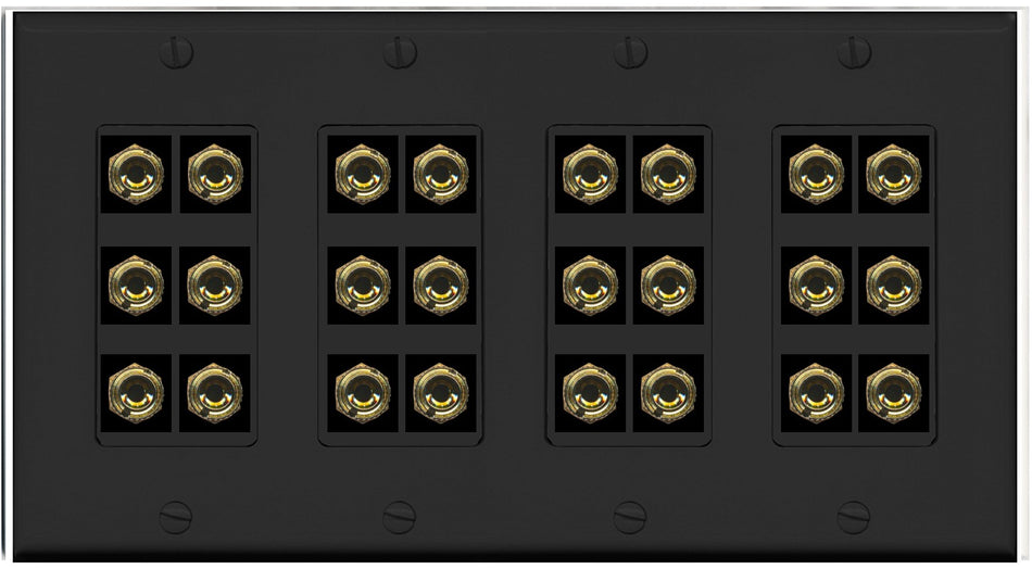RiteAV 12.0 Surround Sound Speaker 24 Banana Wall Plate Female Connectors - 4 Gang [Black]