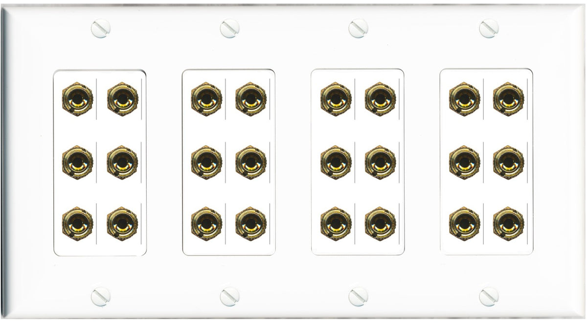 RiteAV 12.0 Surround Sound Speaker 24 Banana Wall Plate Female Connectors - 4 Gang [White]