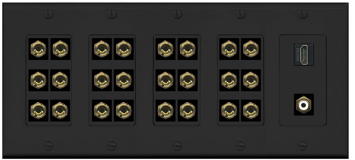 RiteAV 12.1 Surround Sound 12 Speaker 24 Banana Wall Plate with HDMI and RCA Female to Female Connectors - 5 Gang [Black]