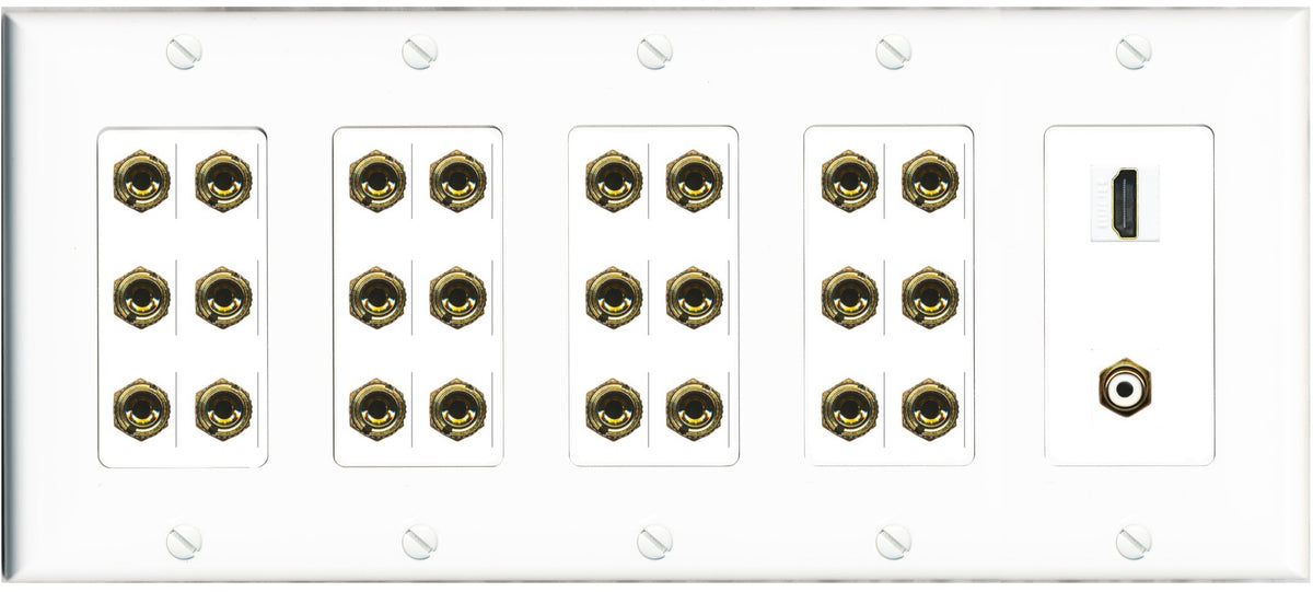 RiteAV 12.1 Surround Sound 12 Speaker 24 Banana Wall Plate with HDMI and RCA Female to Female Connectors - 5 Gang [White]