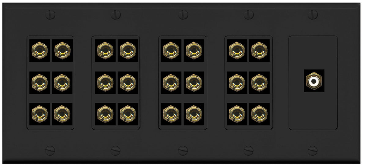RiteAV 12.1 Surround Sound 12 Speaker 24 Banana Port Wall Plate w/RCA Subwoofer Female Connector - 5 Gang [Black]