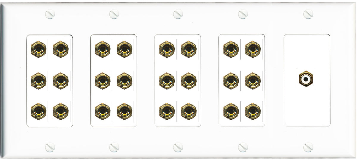 RiteAV 12.1 Surround Sound 12 Speaker 24 Banana Port Wall Plate w/RCA Subwoofer Female Connector - 5 Gang [White]