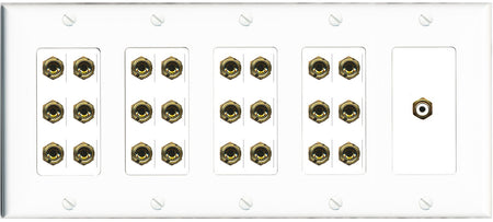 RiteAV 12.1 Surround Sound 12 Speaker 24 Banana Port Wall Plate w/RCA Subwoofer Female Connector - 5 Gang [White]