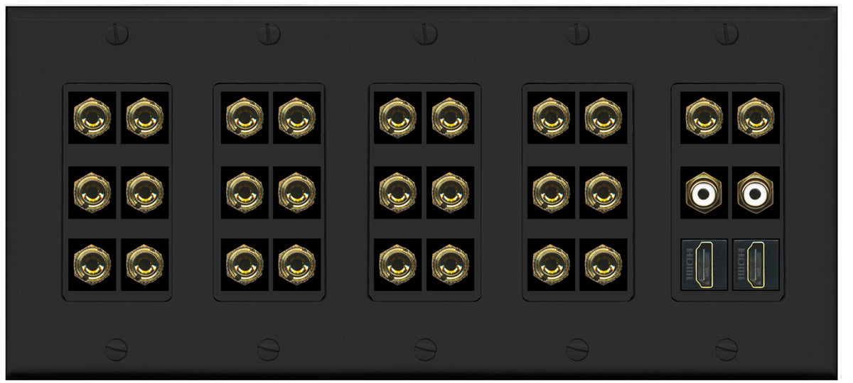 RiteAV 13.2 Surround Sound 13 Speaker 26 Banana Plug Jack Wall Plate w/ 2 RCA Subwoofer + 2 HDMI Female Connectors - 5 Gang [Black]