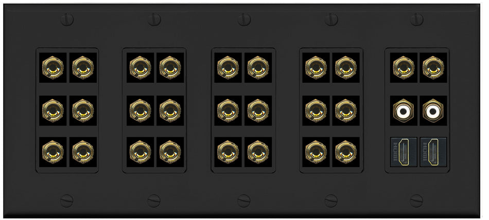 RiteAV 13.2 Surround Sound 13 Speaker 26 Banana Plug Jack Wall Plate w/ 2 RCA Subwoofer + 2 HDMI Female Connectors - 5 Gang [Black]