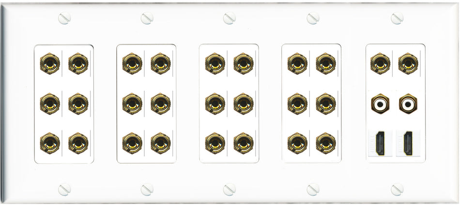 RiteAV 13.2 Surround Sound 13 Speaker 26 Banana Plug Jack Wall Plate w/ 2 RCA Subwoofer + 2 HDMI Female Connectors - 5 Gang [White]