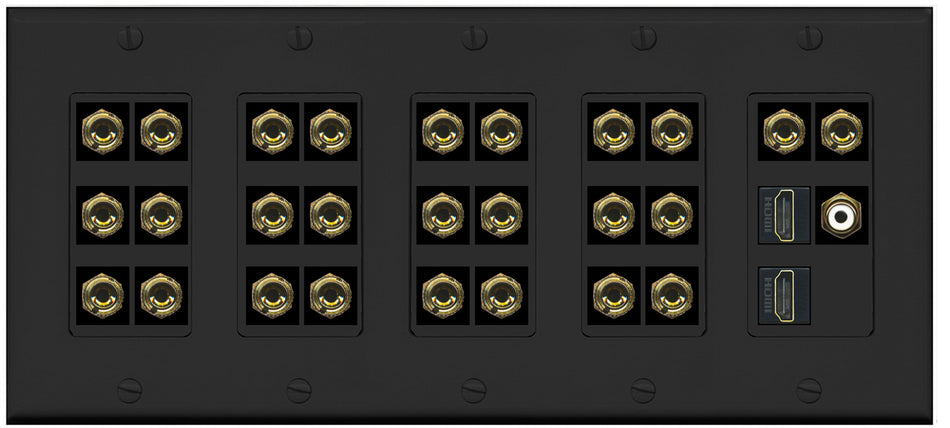 RiteAV 13.1 Surround Sound 13 Speaker 26 Banana Plug Jack Wall Plate w/RCA Subwoofer + 2 HDMI Female Connectors - 5 Gang [Black]