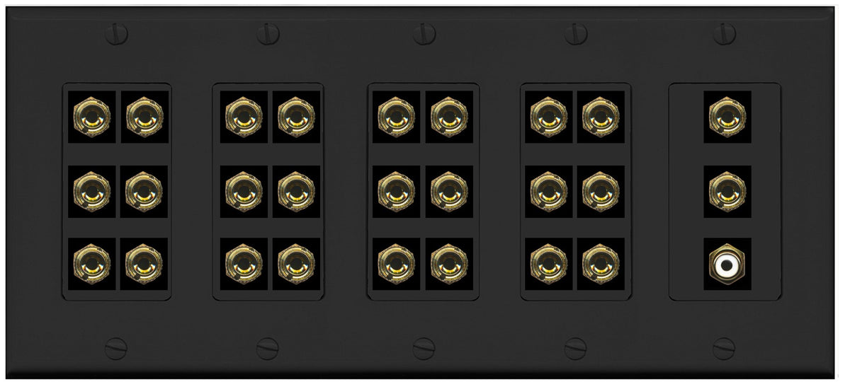 RiteAV 13.1 Surround Sound 13 Speaker 26 Banana Port Wall Plate w/RCA Subwoofer Female Connector - 5 Gang [Black]