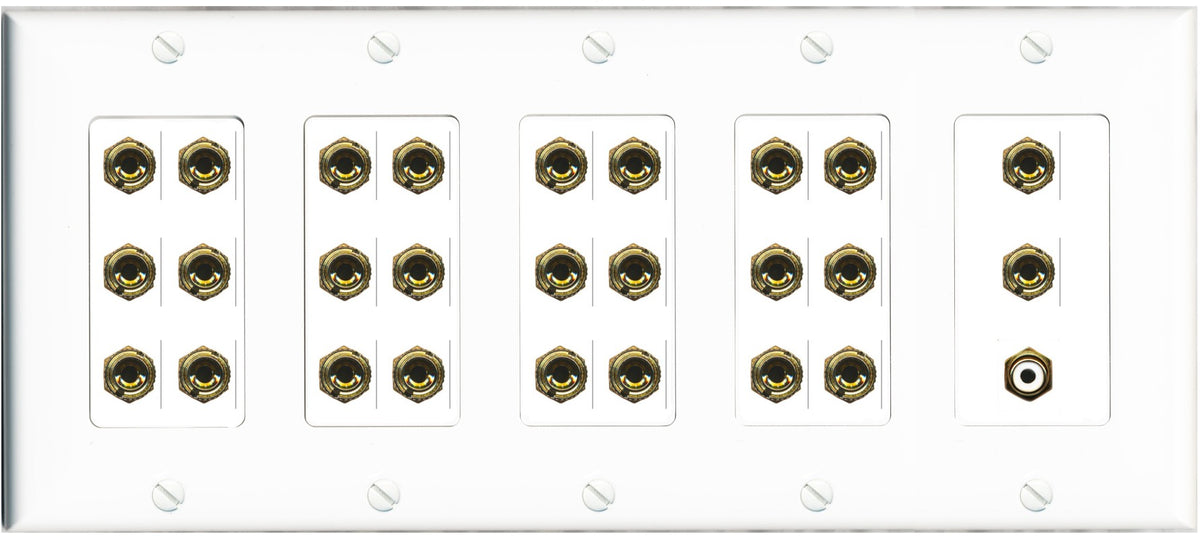 RiteAV 13.1 Surround Sound 13 Speaker 26 Banana Port Wall Plate w/RCA Subwoofer Female Connector - 5 Gang [White]