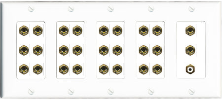RiteAV 13.1 Surround Sound 13 Speaker 26 Banana Port Wall Plate w/RCA Subwoofer Female Connector - 5 Gang [White]