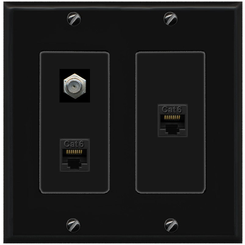 RiteAV - 2 Port Cat6 Ethernet 1 Coax Cable TV Wall Plate - 2 Gang [Black/Black]