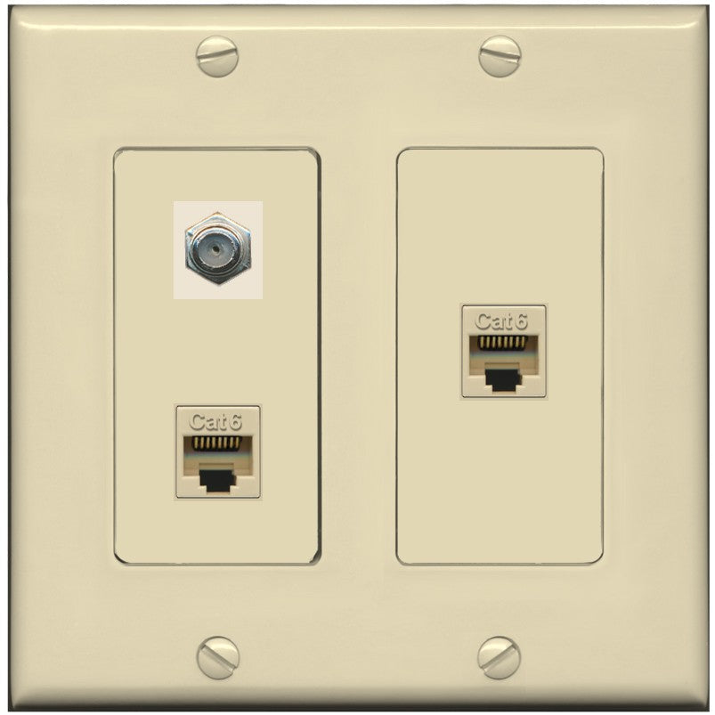 RiteAV - 2 Port Cat6 Ethernet 1 Coax Cable TV Wall Plate - 2 Gang [Ivory/Ivory]
