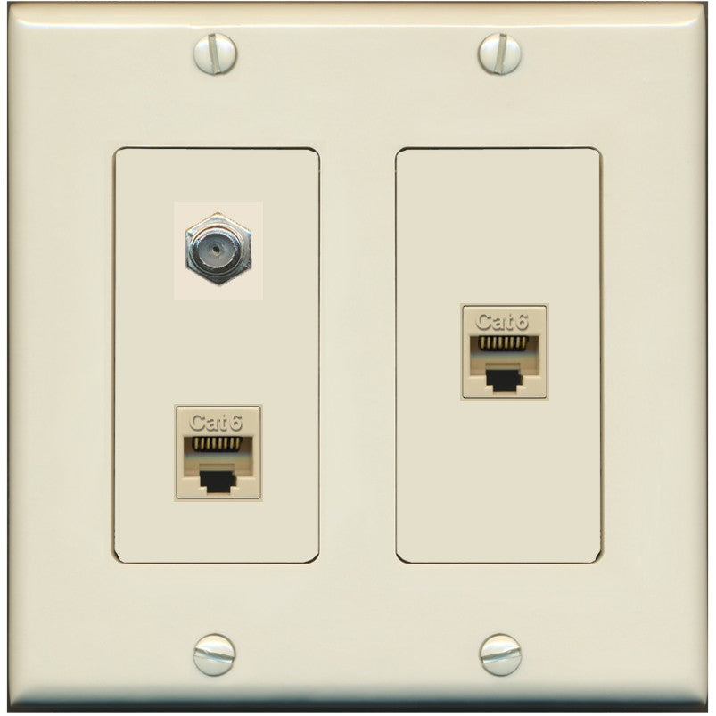 RiteAV - 2 Port Cat6 Ethernet 1 Coax Cable TV Wall Plate - 2 Gang [Light-Almond]