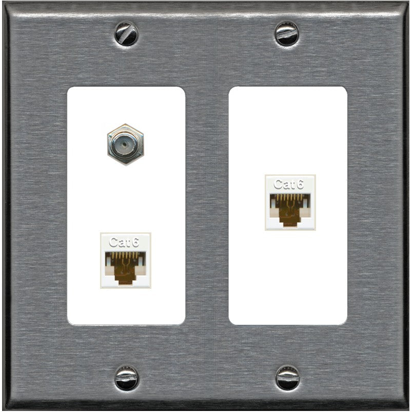 RiteAV - 2 Port Cat6 Ethernet 1 Coax Cable TV Wall Plate - 2 Gang [Stainless/White]