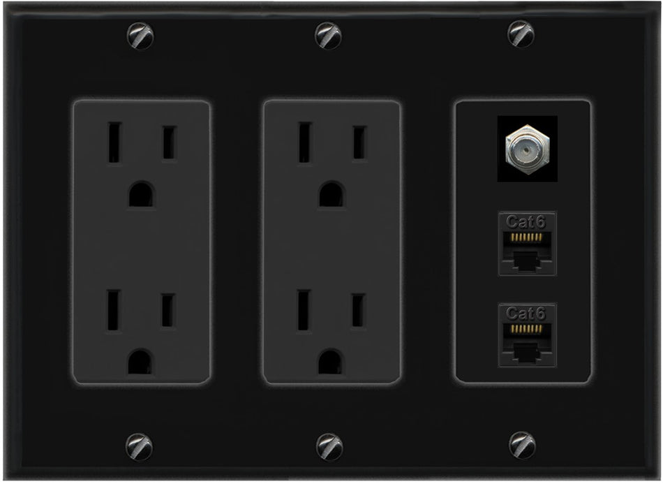 RiteAV - 2 Port Cat6 Ethernet 1 Coax Cable TV Wall Plate - 3 Gang 2 Outlet [Black/Black]