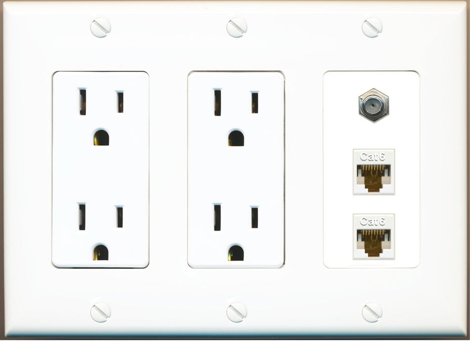 RiteAV - 2 Port Cat6 Ethernet 1 Coax Cable TV Wall Plate - 3 Gang 2 Outlet [White]