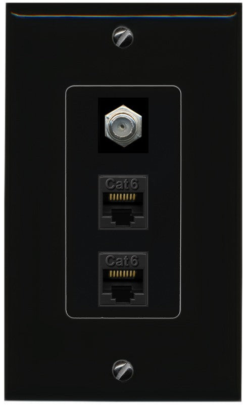 RiteAV - 2 Port Cat6 Ethernet 1 Coax Cable TV Wall Plate - 1 Gang Decorative [Black/Black]
