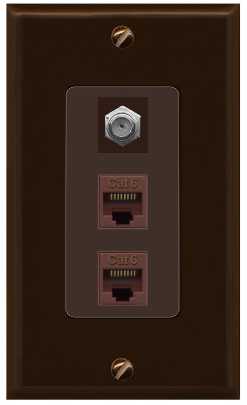RiteAV - 2 Port Cat6 Ethernet 1 Coax Cable TV Wall Plate - 1 Gang Decorative [Brown/Brown]