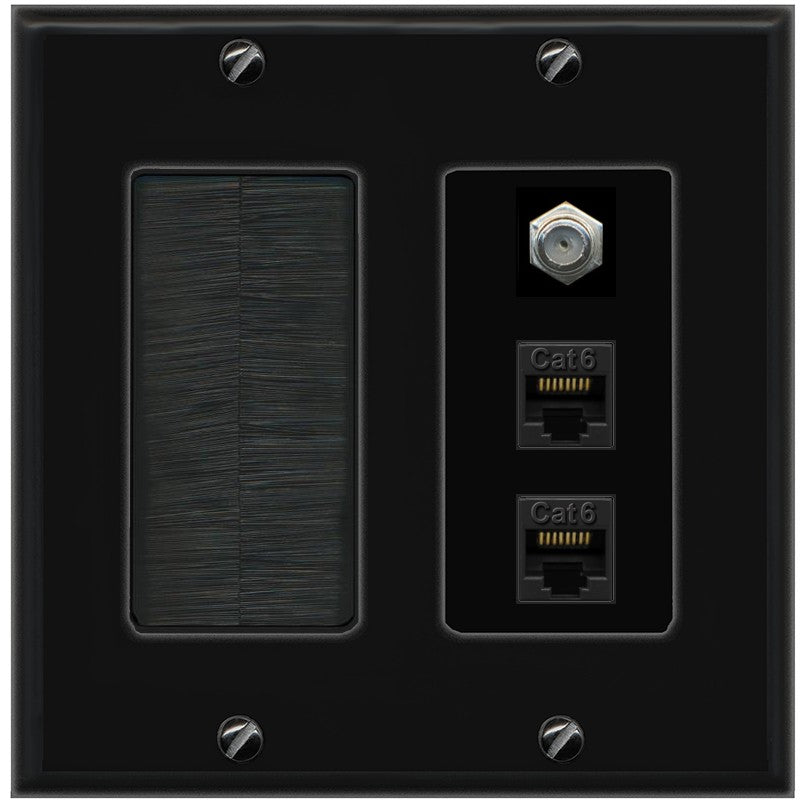 RiteAV - 2 Port Cat6 Ethernet 1 Coax Cable TV Wall Plate - Brush [Black/Black]