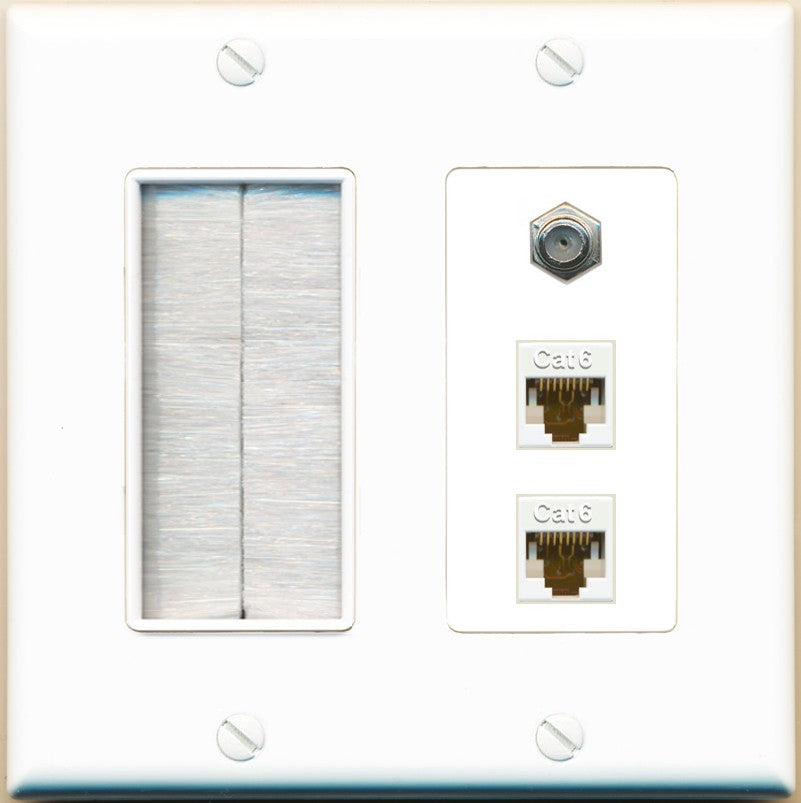 RiteAV - 2 Port Cat6 Ethernet 1 Coax Cable TV Wall Plate - Brush [White]