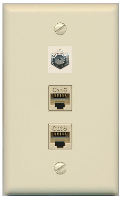 RiteAV - 2 Port Cat6 Ethernet 1 Coax Cable TV Wall Plate - Flat Style [Ivory/Ivory]