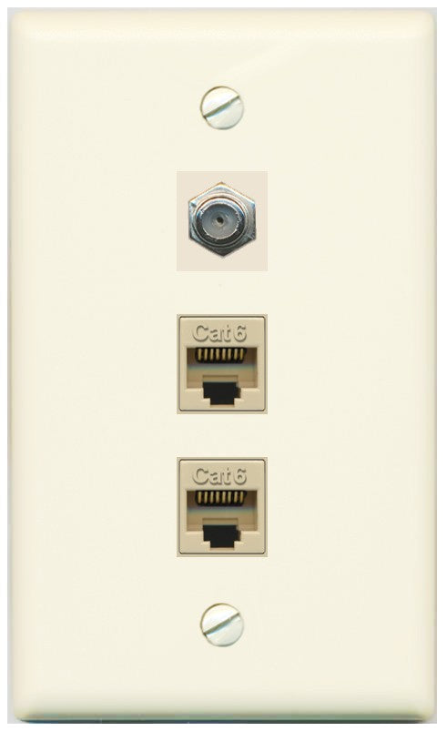 RiteAV - 2 Port Cat6 Ethernet 1 Coax Cable TV Wall Plate - Flat Style [Light-Almond]