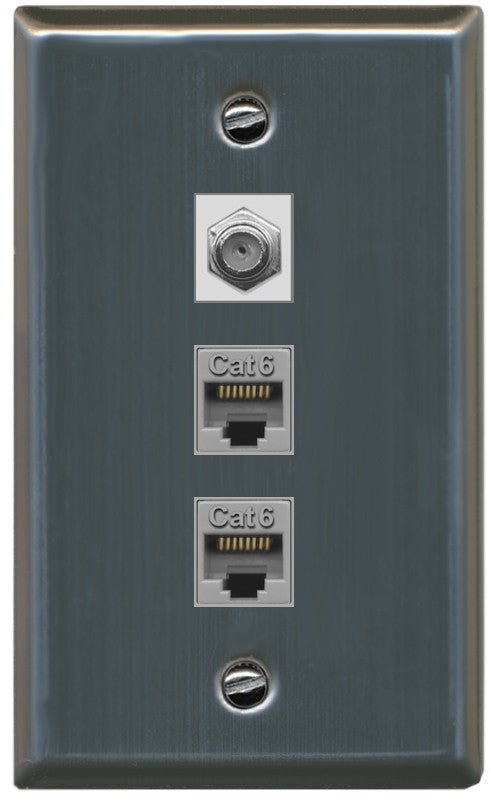 RiteAV - 2 Port Cat6 Ethernet 1 Coax Cable TV Wall Plate - Flat Style [Stainless Steel]