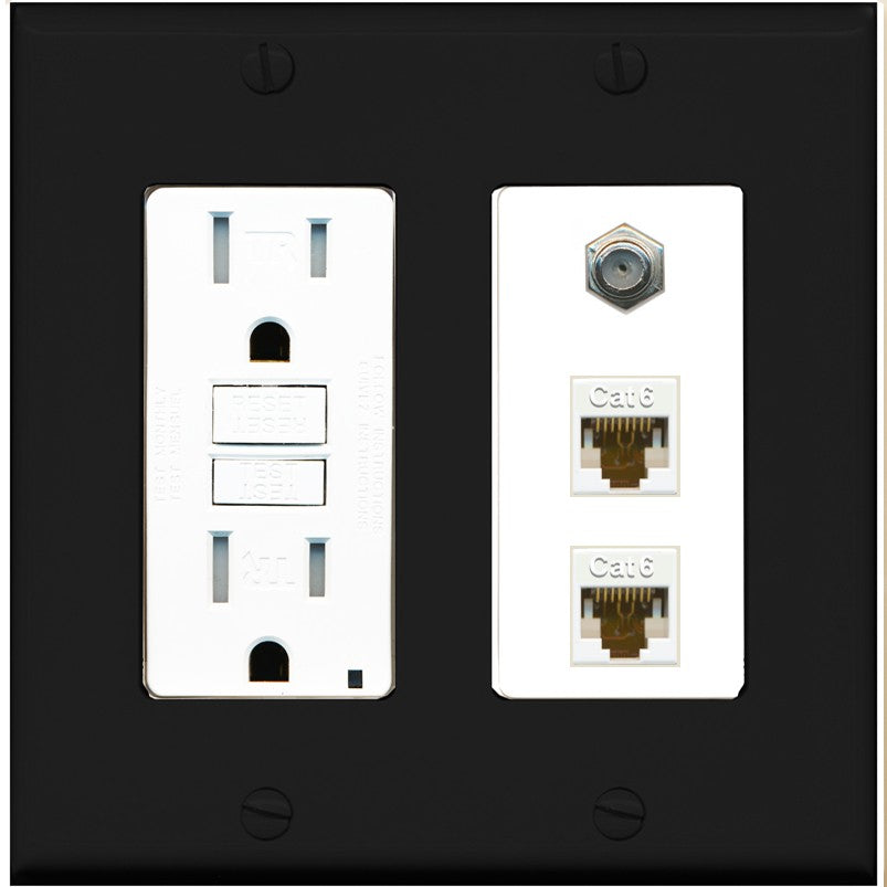 RiteAV - 2 Port Cat6 Ethernet 1 Coax Cable TV Wall Plate - GFCI Outlet [Black/White]