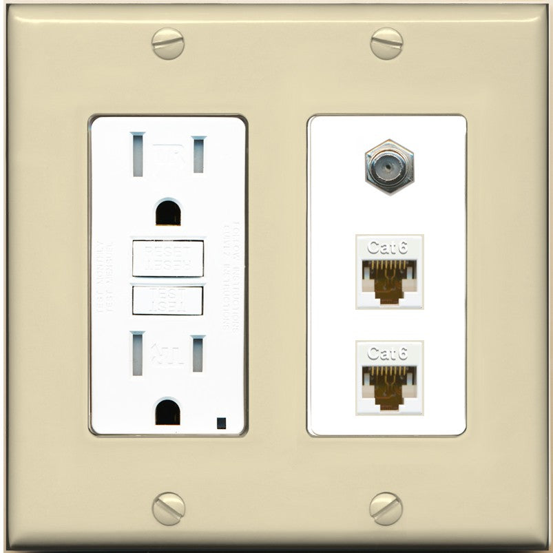 RiteAV - 2 Port Cat6 Ethernet 1 Coax Cable TV Wall Plate - GFCI Outlet [Ivory/White]