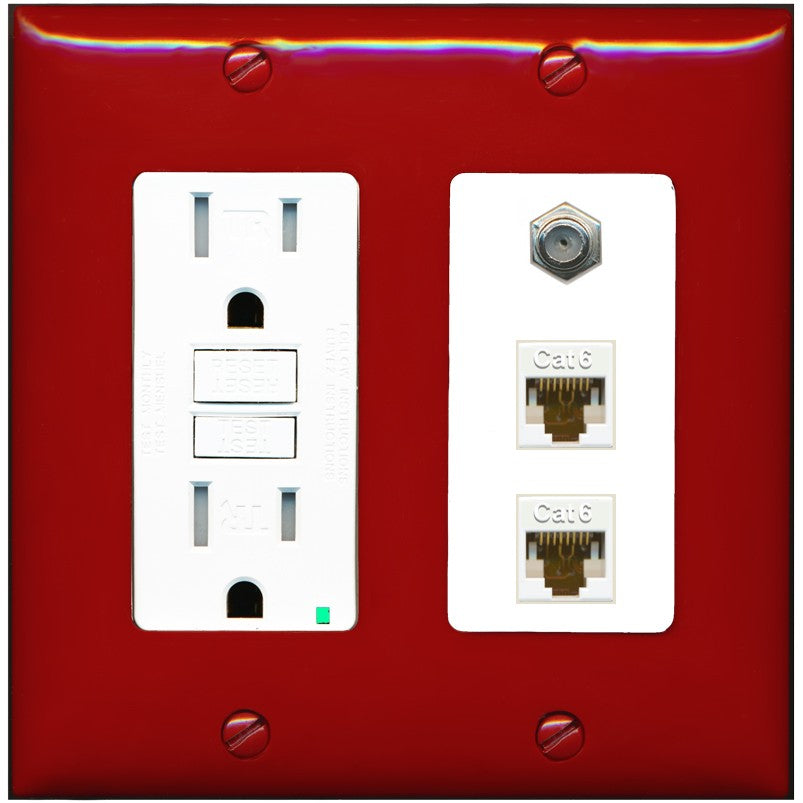 RiteAV - 2 Port Cat6 Ethernet 1 Coax Cable TV Wall Plate - GFCI Outlet [Red/White]