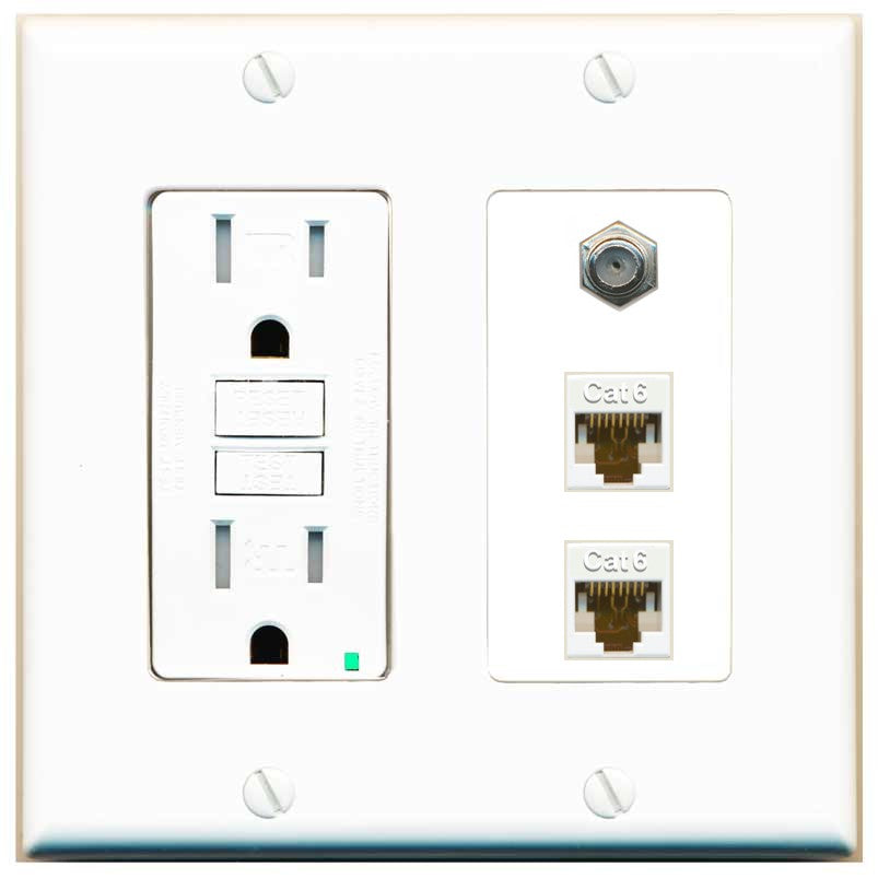 RiteAV - 2 Port Cat6 Ethernet 1 Coax Cable TV Wall Plate - GFCI Outlet [White]