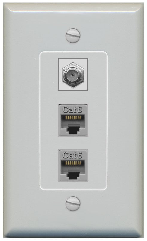 RiteAV - 2 Port Cat6 Ethernet 1 Coax Cable TV Wall Plate - 1 Gang Decorative [Gray/Gray]